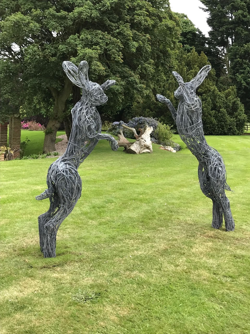 My 8 foot Chelsea Flower Show boxing hare wire sculptures installed in Norfolk were galvanised and etched to an aged finish